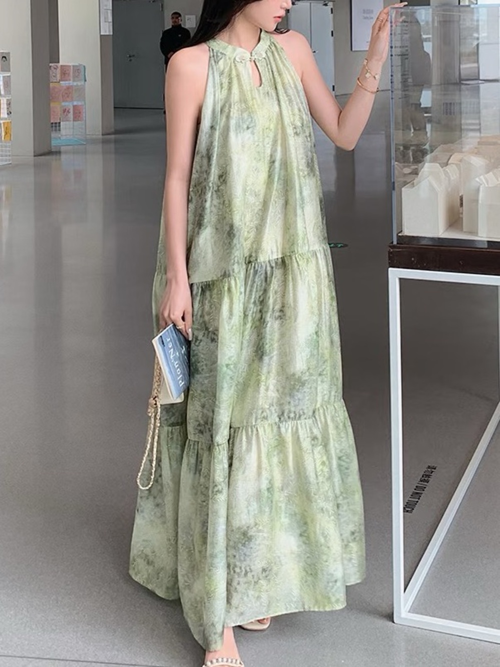 Asian Brand Sleeveless Summer Green Halter Flowy Maxi Dress Fits Size XS/S